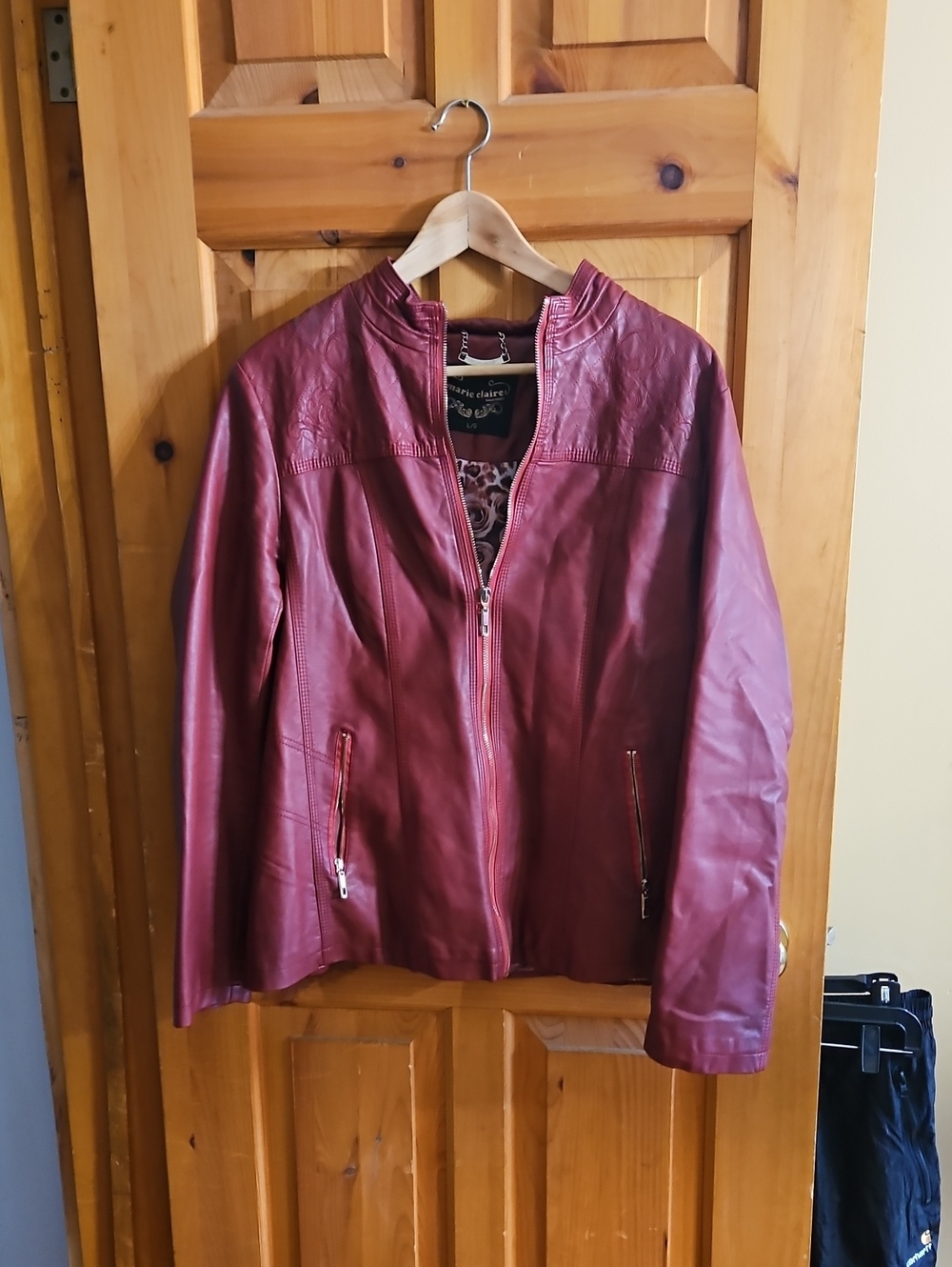 Women’s Red Faux Leather Zip Front Jacket